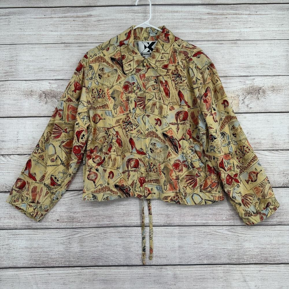 Kriss Kross Jacket Womens Medium Yellow Silk Vintage Print‎ Drawstring Retro 90s